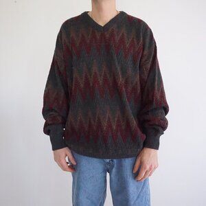 Vintage '80S Van Heusen Gray Maroon Chucky Biggie Cosby V-Neck Knit Sweater XLT